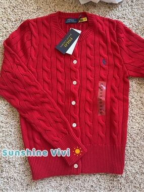 NEW Polo Ralph Lauren Women Cotton Cable Knit Cardigan Sweater Red xs